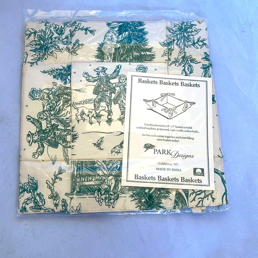 Decorative 5” square basket by Park designs. Pattern: Hunter: made in India.